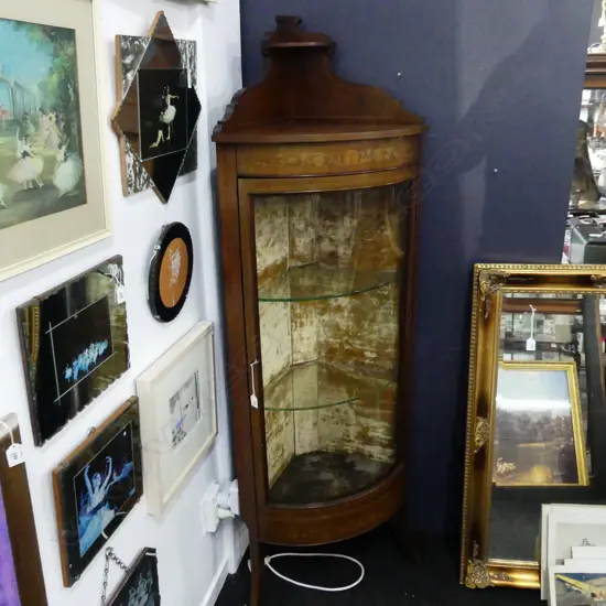EDWARDIAN FRENCH STYLE CORNER CABINET VITRINE w. INLAY & CARAMEL VELVET INTERIOR 435x435x1730mm