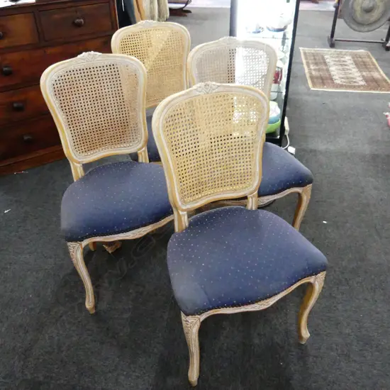 4 FRENCH STYLE CANE BACK UPHOLSTERED DINING CHAIRS