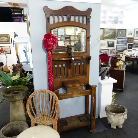 VINTAGE WOODEN MIRRORED HALL COAT RACK & UMBRELLA STAND  W 775 H. 2130MM