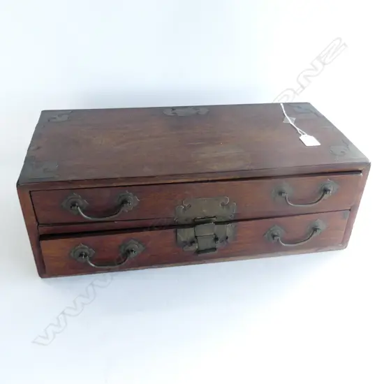 OLD ORIENTAL HARDWOOD 2 DRAWER TABLE TOP CHEST brass fittings 500x240x175mm
