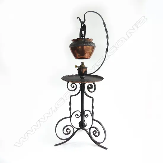 ARTS & CRAFTS COPPER TEA KETTLE w. SPIRIT BURNER ON WROUGHT IRON STAND EX CORNWALL TEAROOMS H.830mm