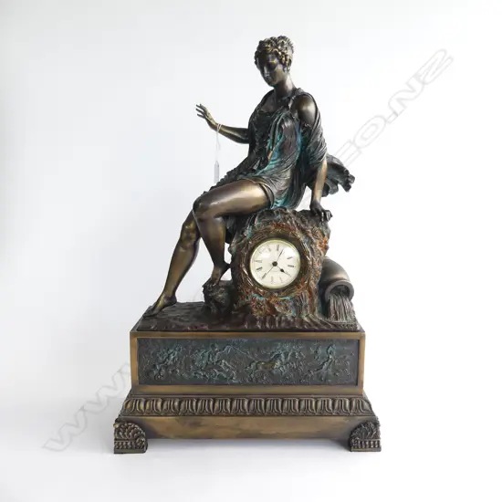 ANTIQUE STYLE MANTLE CLOCK - BRONZE CLASSICAL FIGURE ON PLINTH H.575mm - PAOR MADE IN SPAIN (2 PARTS)