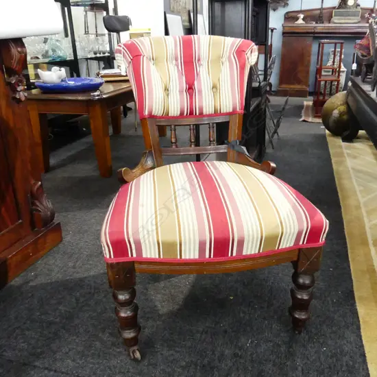 EARLY 20thC GRANDMOTHER CHAIR; RED / GOLD STRIPED UPHOLSTERY