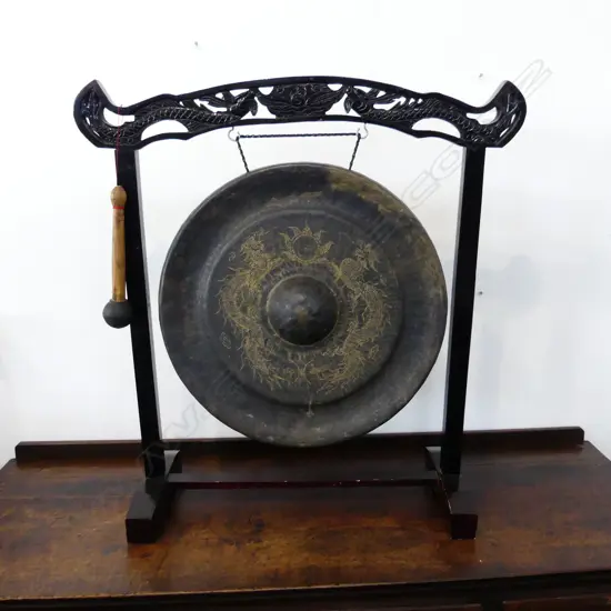 OLD ORIENTAL TEMPLE GONG FREE STANDING IN WOODEN FRAME.H.900mm.