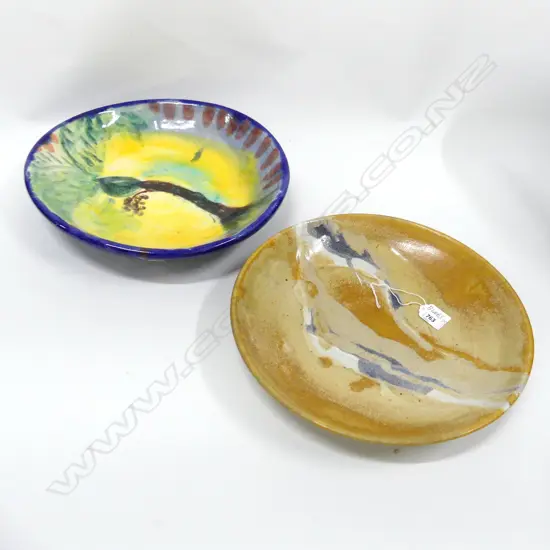 LARGE POTTERY CHARGER MADE IN BURGANDY REGION FRANCE .LABEL V ERSO . DIA  320mm + ONE OTHER