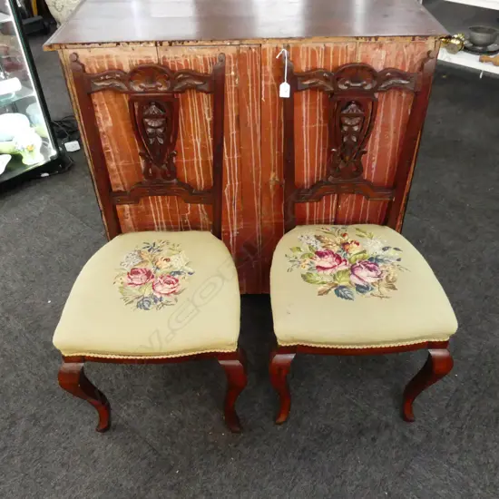 PR EDWARDIAN DINING CHAIRS w. GREEN NEEDLEWORK SEATS