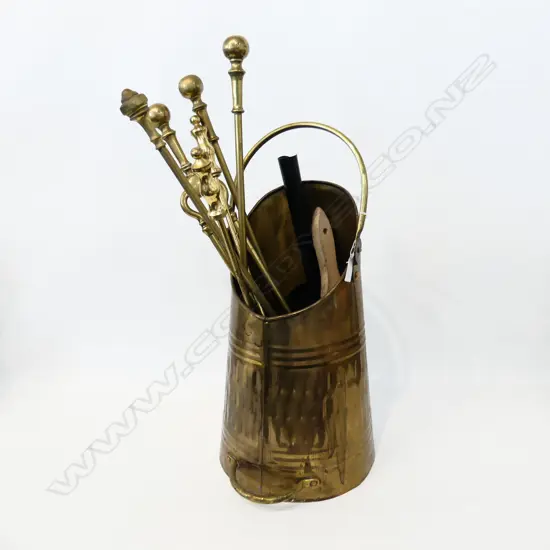 BRASS COAL SCUTTLE & ASST FIRE UTENSILS