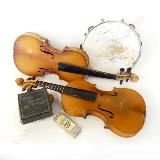 BOX LOT 2 VIOLINS + STRINGS, TAIL PIECES & ADJUSTERS + TAMBOURINE