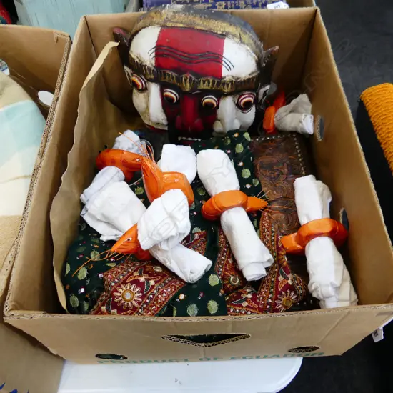 BOX LOT GREEN SARI, PAINTED CARVED WOODEN INDONESIAN MASK, SHRIMP NAPKIN RINGS, LEATHER BOX