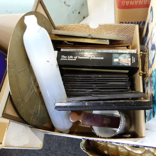 BOX LOT BOOKS, BRASS CLOCK FACE, ART INCL. REGENCY PORTRAIT, MINI BAXTER PRINTS ETC