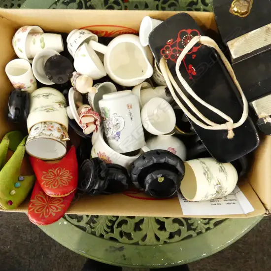 BOX LOT NORITAKE, JAPANESE SANDALS, ASST. CHINA, ASIAN VASE STANDS ETC