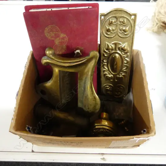 ASST BRASS HARDWARE; LETTERS SLOT, DOOR PLATE, 2 KNOBS & PULL HANDLE ETC + SML RED COIN ALBUM