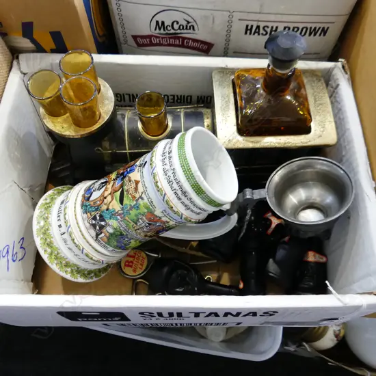 BOX LOT TRAIN DECANTER SET L340MM GERMAN STIEN H300MM  8 MINITURE BOTTLES & 3 BAR PCS 