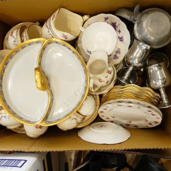BOX ASST CHINA INCL HAMMERSLEY, ROYAL ALBERT, MINTON ETC..(SOME AF) + PEWTER JUG & SM GOBLETS