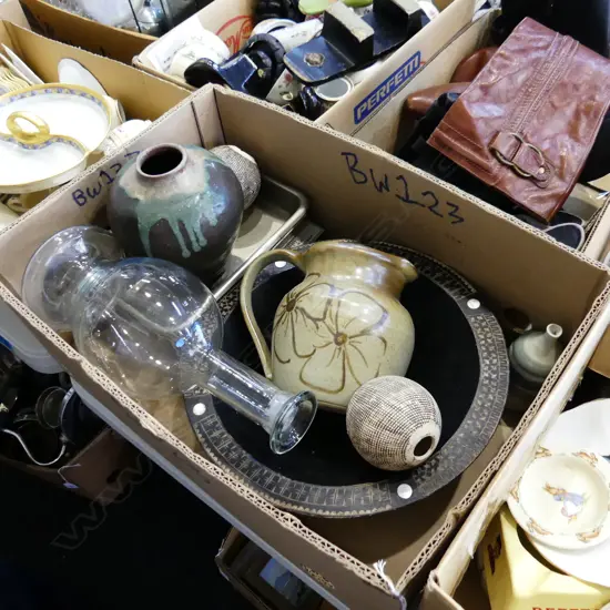 BOX LOT WOODEN KAVA BOWL, ASST. POTTERY ETC