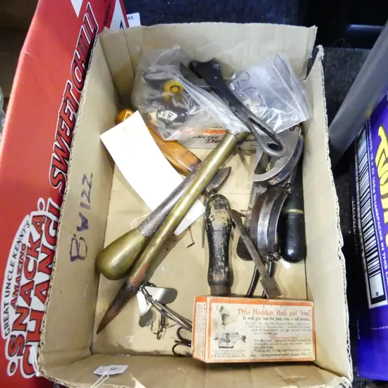 BOX ASST. VINTAGE TOOLS + FISHING FLIES ETC