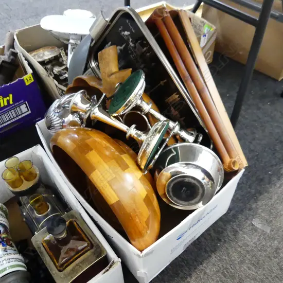 BOX LOT ASST. TRAYS, SOVEREIGNWARE, EP; PR CANDLESTICKS, TEAPOTS ETC