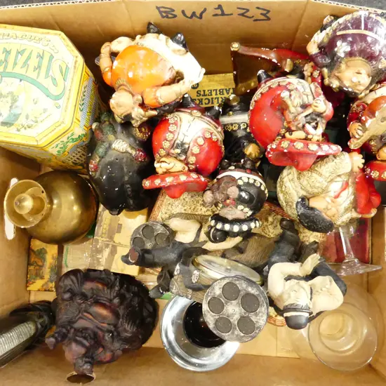 BOX LOT RESIN MEXICAN BAND, OLD TINS ETC