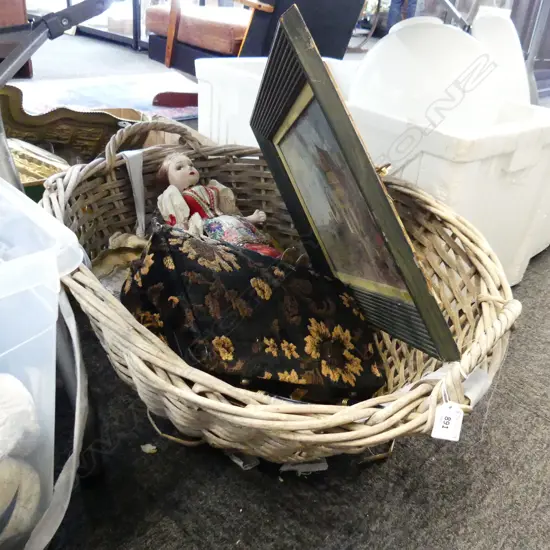 LG CANE BASKET AF w. OIL PAINTING, BLACK VELVET HANDBAG, EUROPEAN DOLL ETC