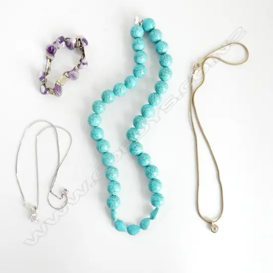 3 COSTUME JEWELLERY NECKLACES; 2 w. CZ PENDANTS + FAUX TURQUOISE BEADS + BRACELET
