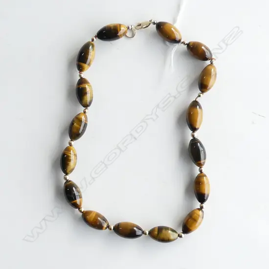 TIGERS EYE BEAD NECKLACE w. 9CT CLASP L.480mm