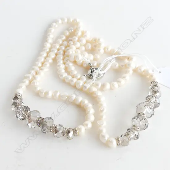 FRESH WATER PEARL & CRYSTAL DOUBLE STRAND NECKLACE