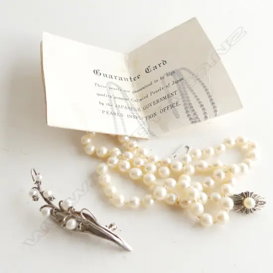 JAPANESE CULTURED PEARL NECKLACE PLUS A SILVER AND PEARL BROOCH