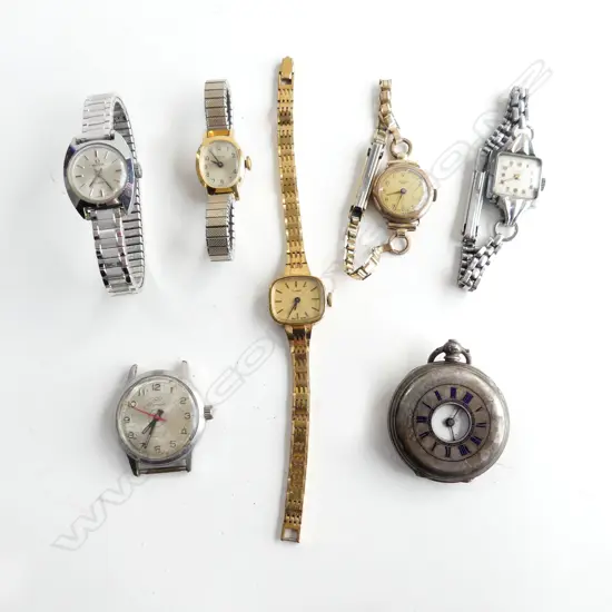 7 WATCHES: 1 SILVER 1/2 HUNTER +5 LADIES WRISTWATCHES & 1 GENTS