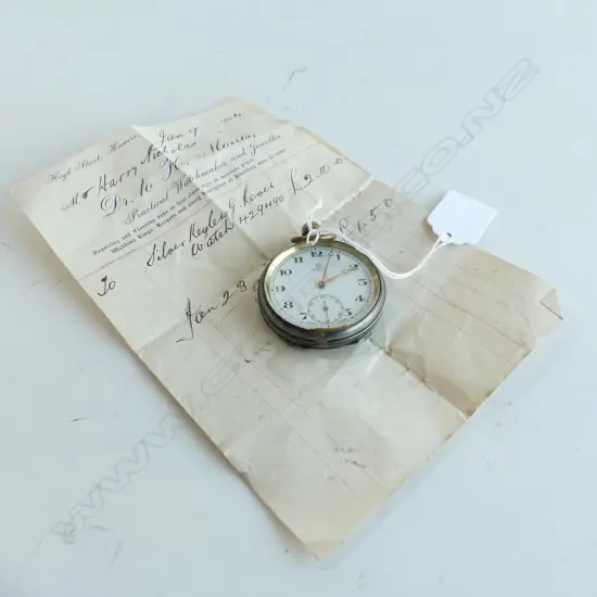 ANTIQUE SILVER PLATE OMEGA POCKET WATCH w. ORIG. 1904 RECEIPT 