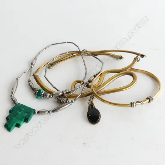 VINTAGE BRASS SNAKE NECKLACE WITH BLACK STONE + BRACELET  + MALACITE NECKLACE