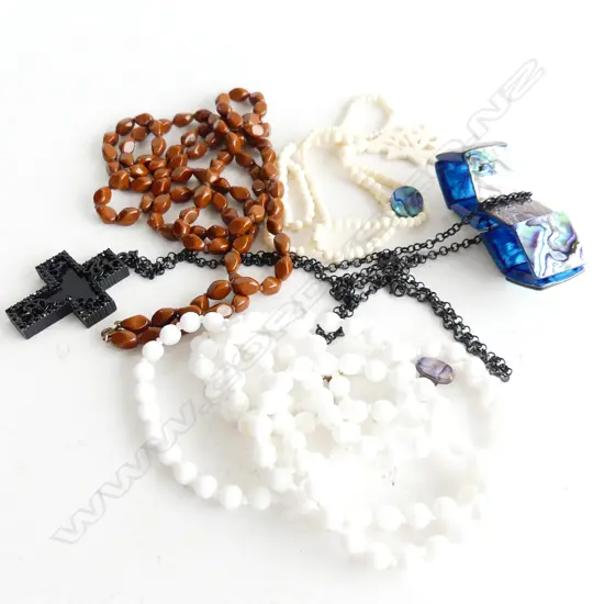 BAG ASST JEWELLERY INCL BONE (?) STONE, BLACK CROSS & CHAIN & PAUA SHELL BRACELET & EARRINGS ETC..