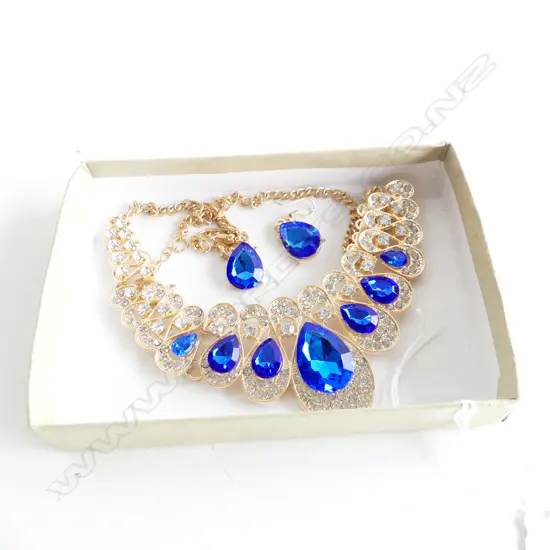 GOLD PLATED STATEMENT NECKLACE &  DROP EARRINGS WITH SYNTHETIC DIAMONDS & SAPPHIRES