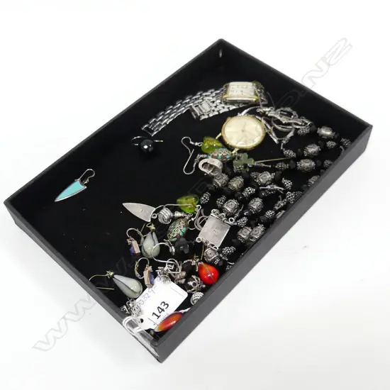 BOX LOT COSTUME INCL EARRINGS, NECKLACES, OLD WATCHES ETC...