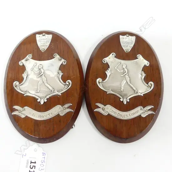 PR 1930'S STG SILVER & OAK TENNIS SHIELD TROPHIES WITH STANDS H. 120MM