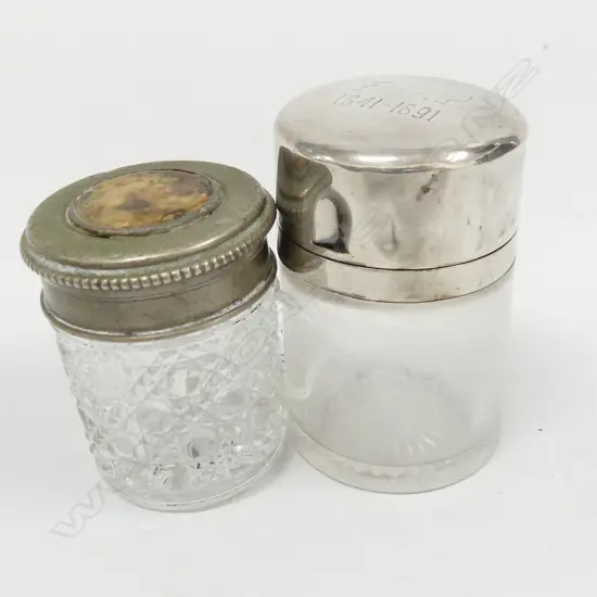 2 VINTAGE DRESSING TABLE BOTTLES, ONE WITH STG SILVER LID & RIM  MONGRAMMED & DATE 1841-1891(H. 77MM & 60MM)