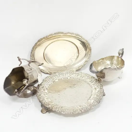 SILVER PLATE WAITER TRAY, SAUCE BOAT & TRAY, SUGAR SCUTTLE & SCOOP