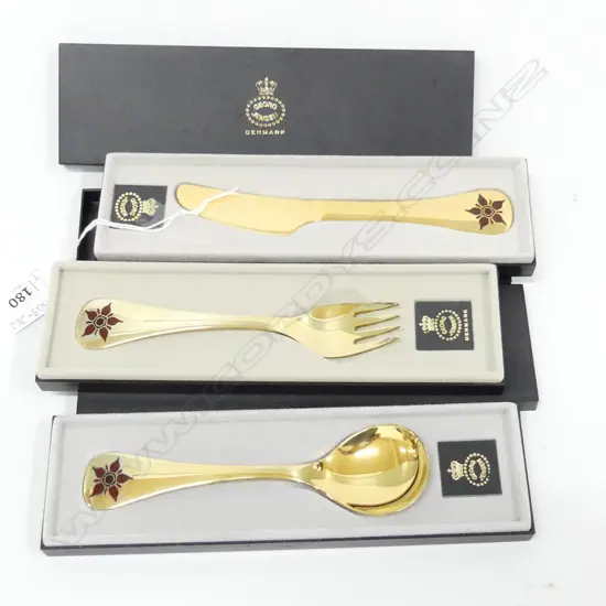 GEORG JENSEN STG SILVER & GOLD PLATED CHILDS 3 PC KNIFE FORK & SPOON SET IN BOXES