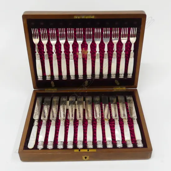 VINTAGE 24 PC PEARL HANDLE KNIFE & FORK SET - ORNATE BLADES. IN WOODEN BOX WITH KEY