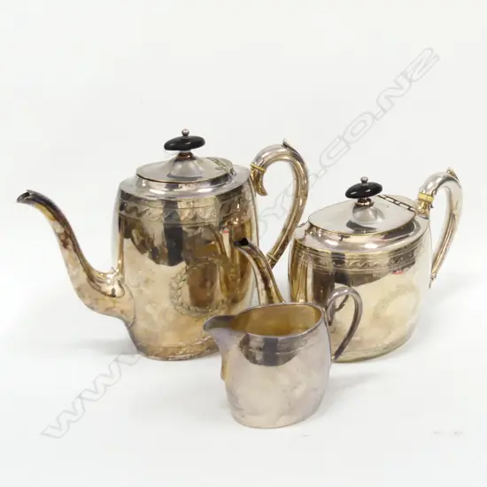 3 PCE ANTIQUE SILVER PLATE; 2 TEAPOTS & MILK JUG H.205mm w. MAPPIN BOAR MONOGRAM 'COR FORTE CALCAR NON REQUIRIT'