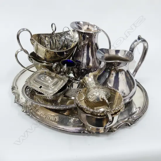 16 PCES ASST. SILVER PLATE INCL. TRAY 420x335mm, PR SAUCE BOATS, 2 JUGS ETC