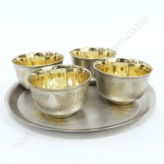 VINTAGE RUSSIAN SILVER PLATE GILDED VODKA SET COMPRISING TRAY & 4 CUPS WITH ENGRAVED DECORATION