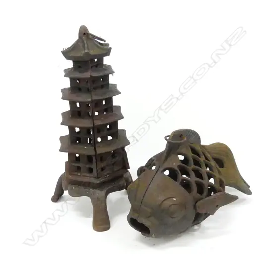2 ORIENTAL CAST IRON LAMPS, FISH SHAPE (; 290MM) & TEMPLE SHAPE (H. 200MM)