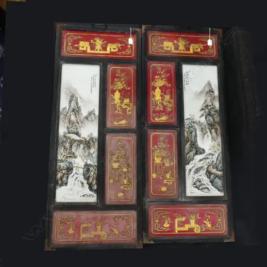 PAIR OF OLD CERAMIC PLAQUES FRAMED IN ORNATE PAINTED AND GILDED FRAMES 470 x 1200mm