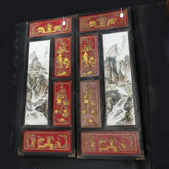 PAIR OF OLD CERAMIC PLAQUES FRAMED IN ORNATE PAINTED AND GILDED FRAMES 470 x 1200mm