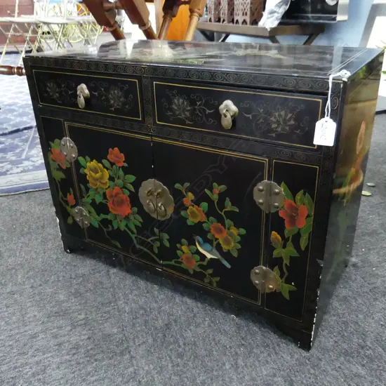 JAPANESE VINTAGE BEDSIDE / COLLECTORS CHEST ebonised & floral decorated 610 x 305 x 540mm