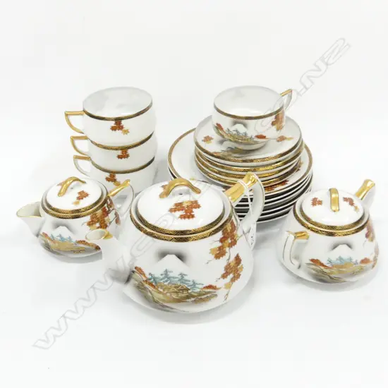 SATSUMA TEA SET; TEAPOT, SUGAR & CREAMER, 4 TRIOS + 2 SPARE PLATES