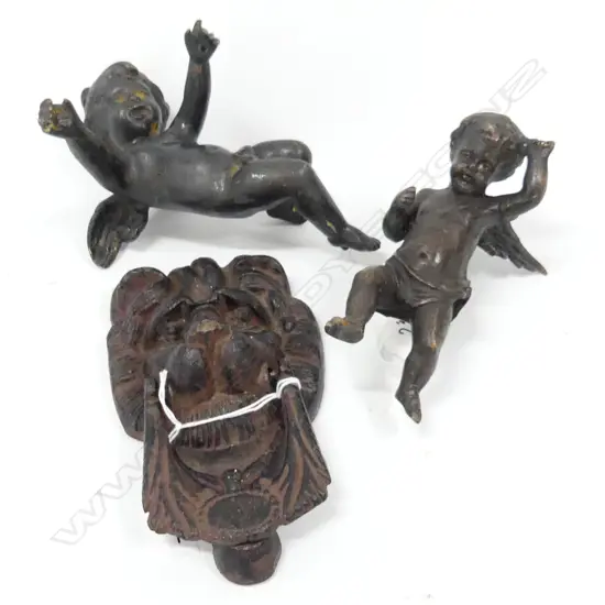 TWO CAST IRON CHERUBS (H.180 & 130MM) & LIONS HEAD DOOR KNOCKER (H. 165MM)