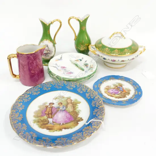 6 PCS LIMOGES; PR GREEN JUGS, PINK JUG, 2 PLATES & LIDDED DISH + 4 SM PLATES