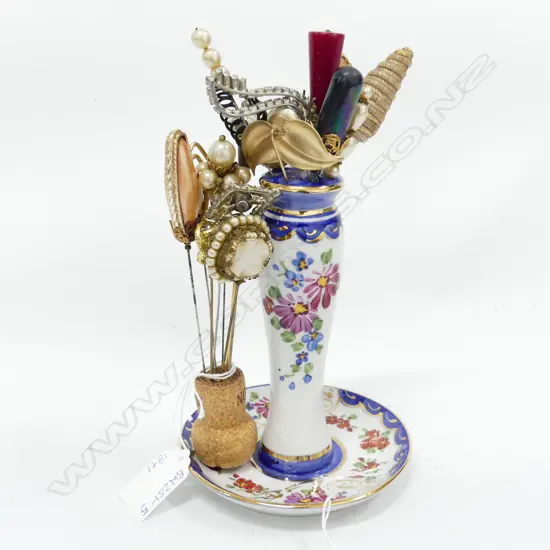 18 VINTAGE HAT PINS + LIMOGES 10 HOLE HAT PIN HOLDER