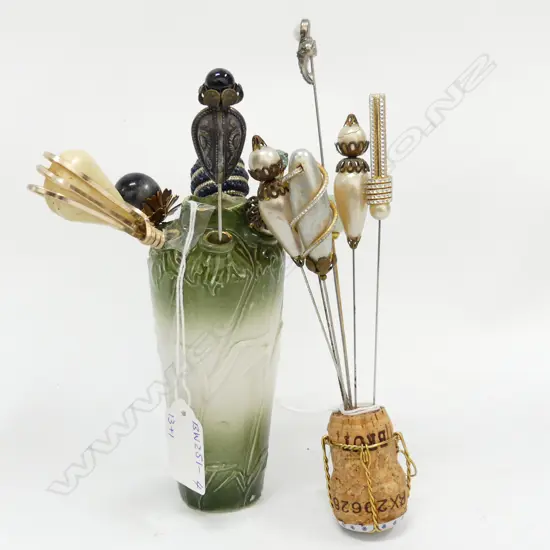 13 ASST VINTAGE HAT PINS PLUS VINTAGE PORCELAIN 6 HOLE HAT PIN HOLDER